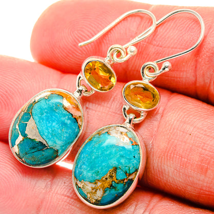 Spiny Oyster Turquoise, Citrine Earrings 1 3/4" (925 Sterling Silver) EARR432034