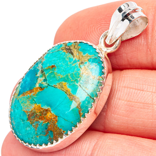 Turquoise teardrop pendant in .925 sterling silver, scalloped bezel, copper matrix