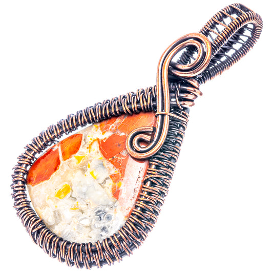 Red jasper teardrop wire-wrap pendant with oxidized copper tone and loop bail
