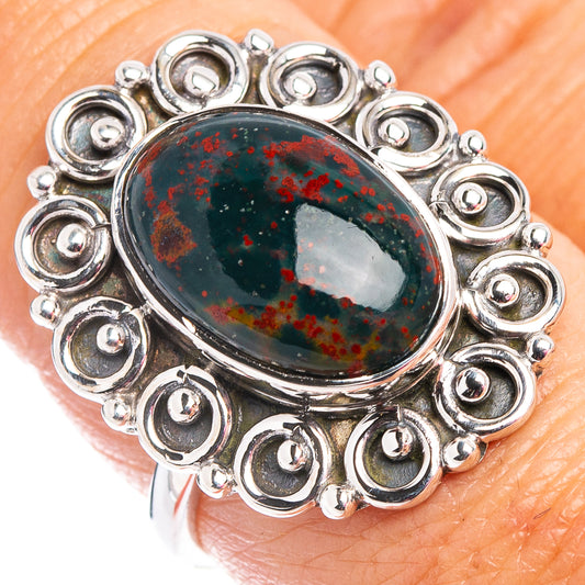 Oval bloodstone ring in .925 sterling silver, dark green red speckled gemstone bezel