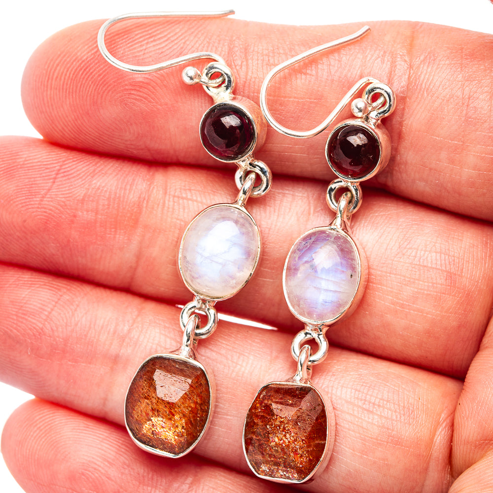 925 sterling silver drop earrings with red top, moonstone, and orange sunstone drops