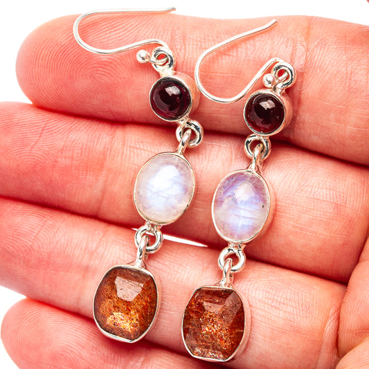 925 sterling silver drop earrings with red top, moonstone, and orange sunstone drops