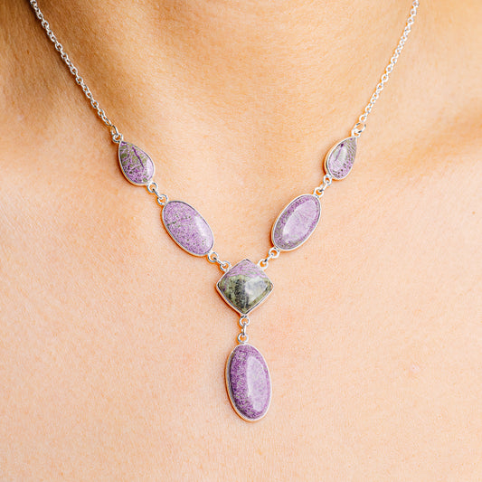 Stichtite sterling silver necklace with five oval purple gemstone drops on a chain