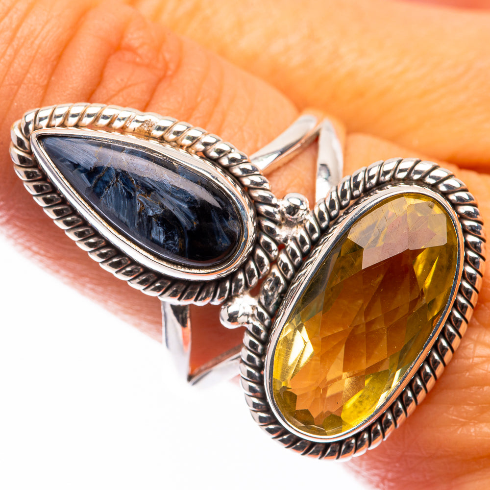 Sterling silver ring with blue and yellow teardrop quartz, rope-edged settings