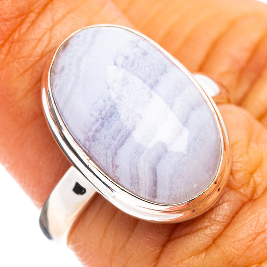 Oval blue lace agate cabochon ring with .925 sterling silver band, size 6.5