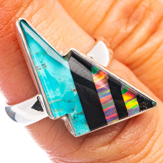 Sterling silver ring with turquoise opal bolt center, black and colorful striped accents