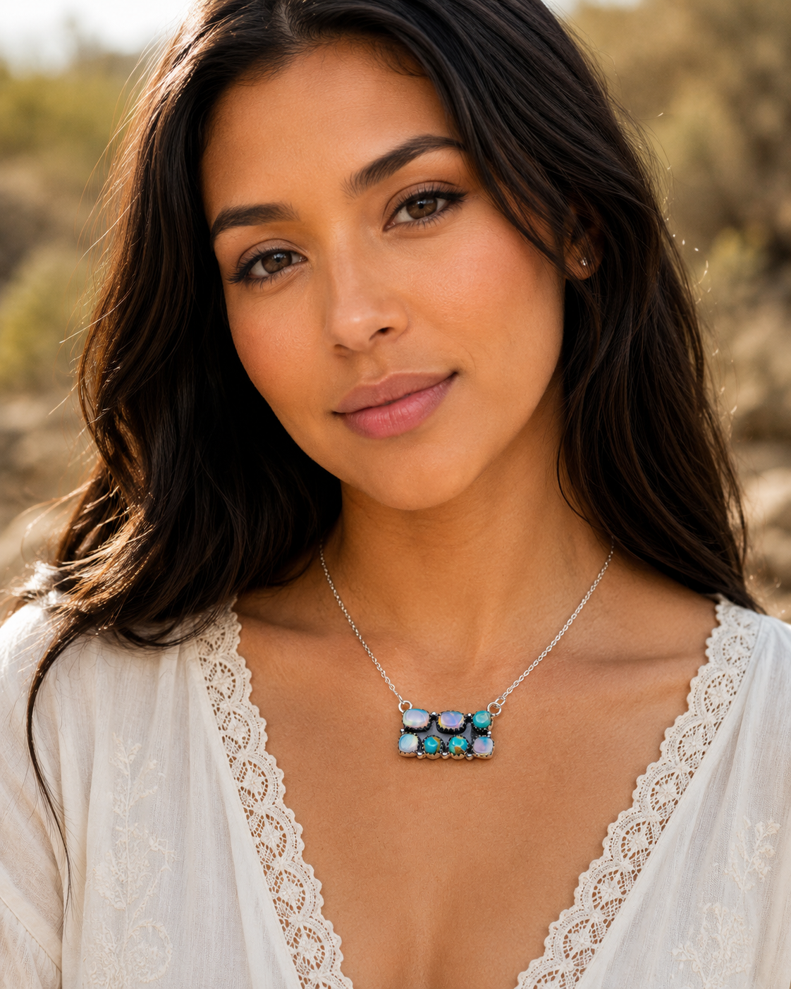 Southwestern Style Aurora Opal, Mohave Turquoise Necklace 17 to 19" (.925 Sterling Silver)