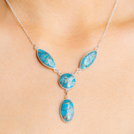 Turquoise pendant necklace with four oval stone charms on .925 sterling silver chain