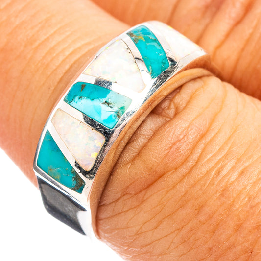 Native Style Mohave turquoise inlay sterling silver ring, size 7.25