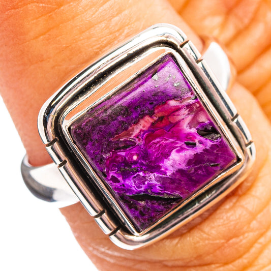 Square purple sugilite gemstone ring in .925 sterling silver bezel, size 6.75