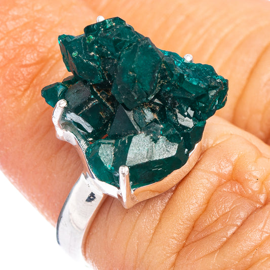 Dioptase ring, .925 sterling silver band with green crystal prong setting