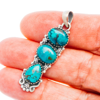 Southwestern Style Tibetan Turquoise Pendant 1 3/4" (.925 Sterling Silver)