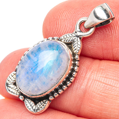 925 sterling silver moonstone pendant with oval blue rainbow gemstone and leafy border