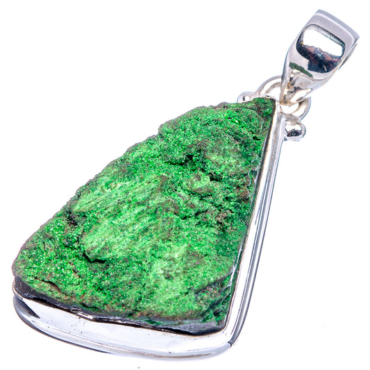 Sterling silver uvarovite pendant with green rough stone in bezel setting