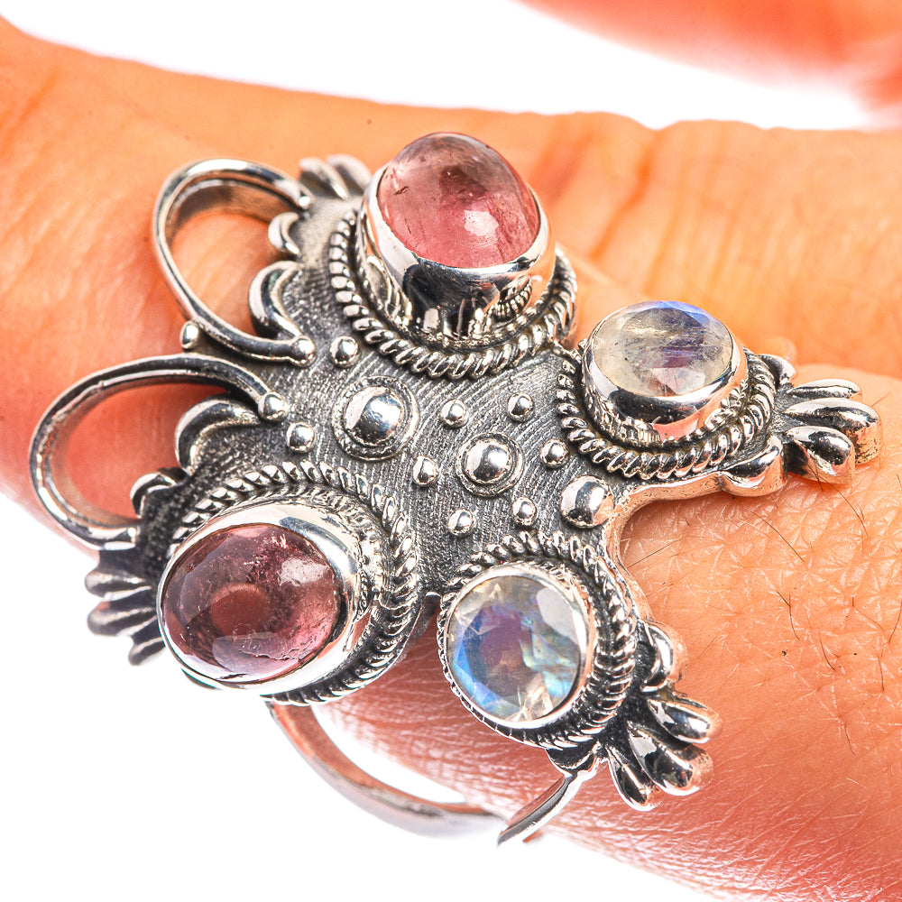 Large Pink Tourmaline, Rainbow Moonstone 925 Sterling Silver Ring Size 9