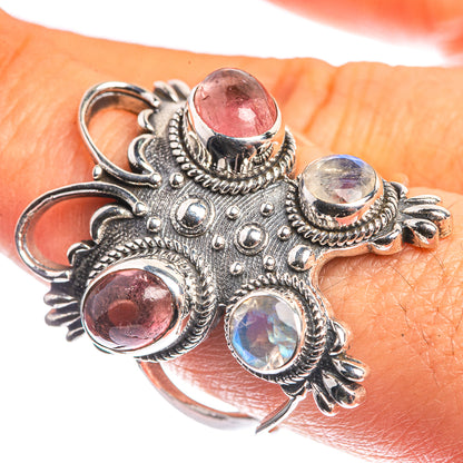 Large Pink Tourmaline, Rainbow Moonstone 925 Sterling Silver Ring Size 9