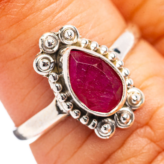 925 sterling silver ring with red teardrop gemstone and ornate bead setting