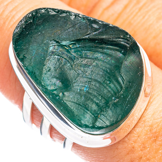 Teal green Roman glass ring with .925 sterling silver bezel, size 8.75