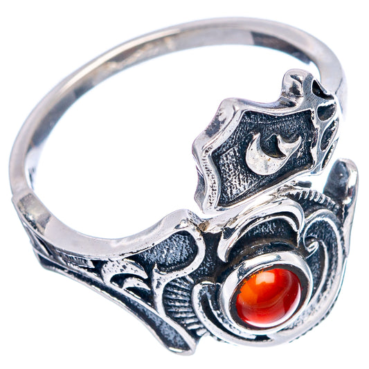 Sterling silver adjustable ring with round red carnelian stone and engraved swirl details