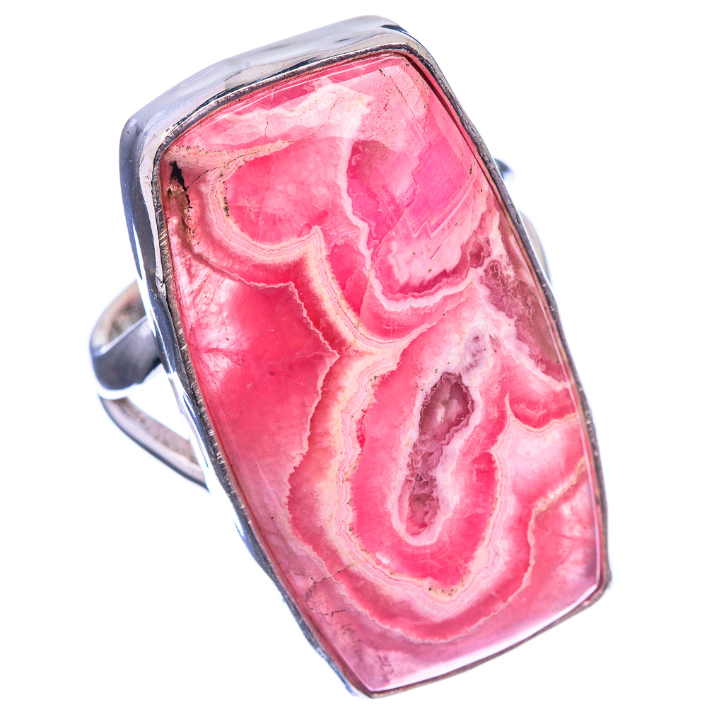 925 silver rhodochrosite stalactite ring, pink stone framed in metal bezel
