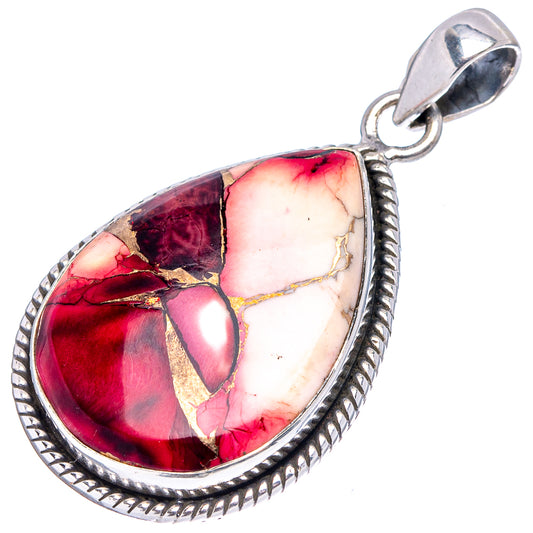 Sterling silver teardrop pendant with red, white, and dark marbled stone surface