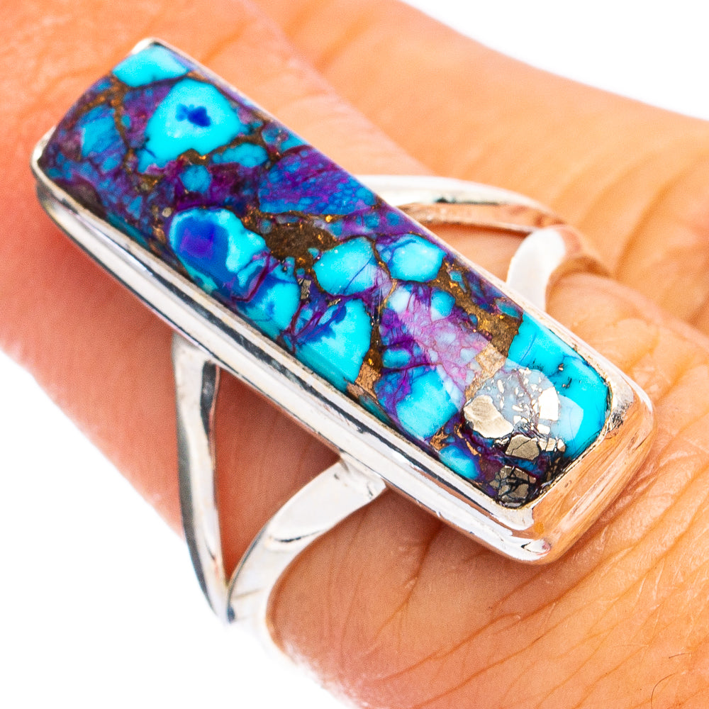 Sterling silver ring with rectangular turquoise, purple and copper inlay, size 6.5