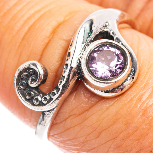 Sterling silver amethyst wave dainty ring with purple round gemstone, swirl setting