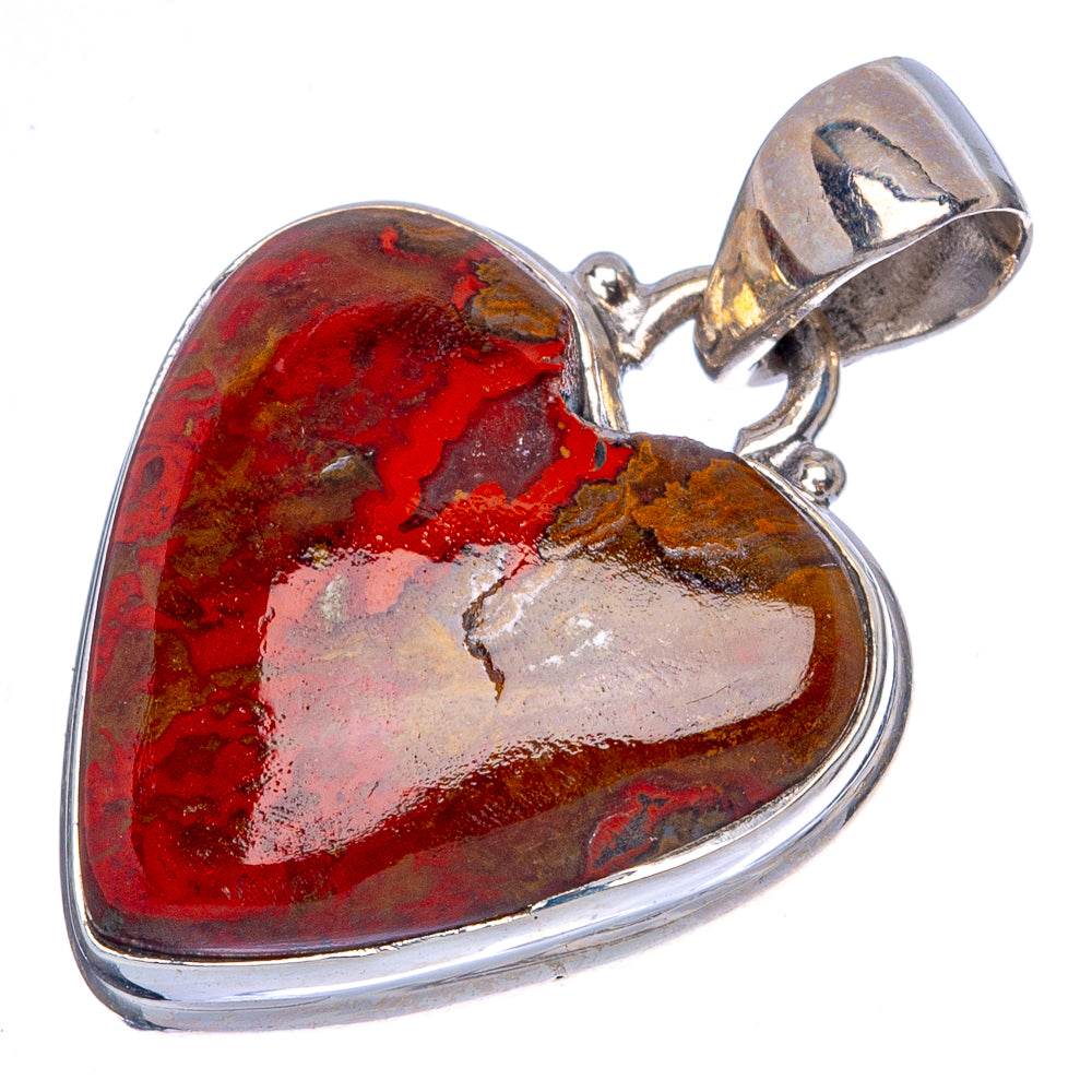 Heart agate pendant with red-white-brown marbled stone, 925 sterling silver setting