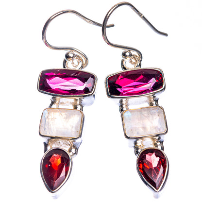 Garnet, Rainbow Moonstone Earrings 1 5/8" (925 Sterling Silver) E432659