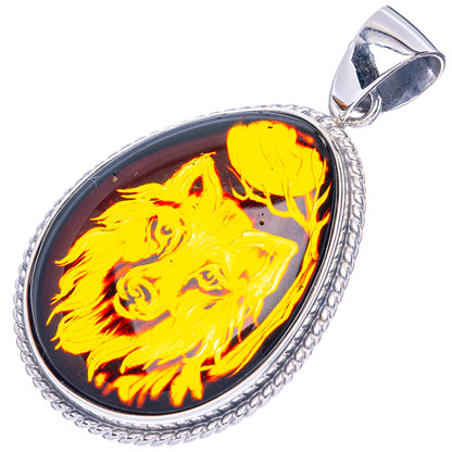Amber Intaglio Wolf Dog Pendant 2" (925 Sterling Silver) P42576