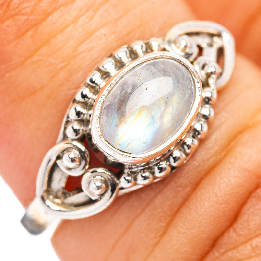 Moonstone ring in .925 sterling silver, oval rainbow moonstone with ornate bezel