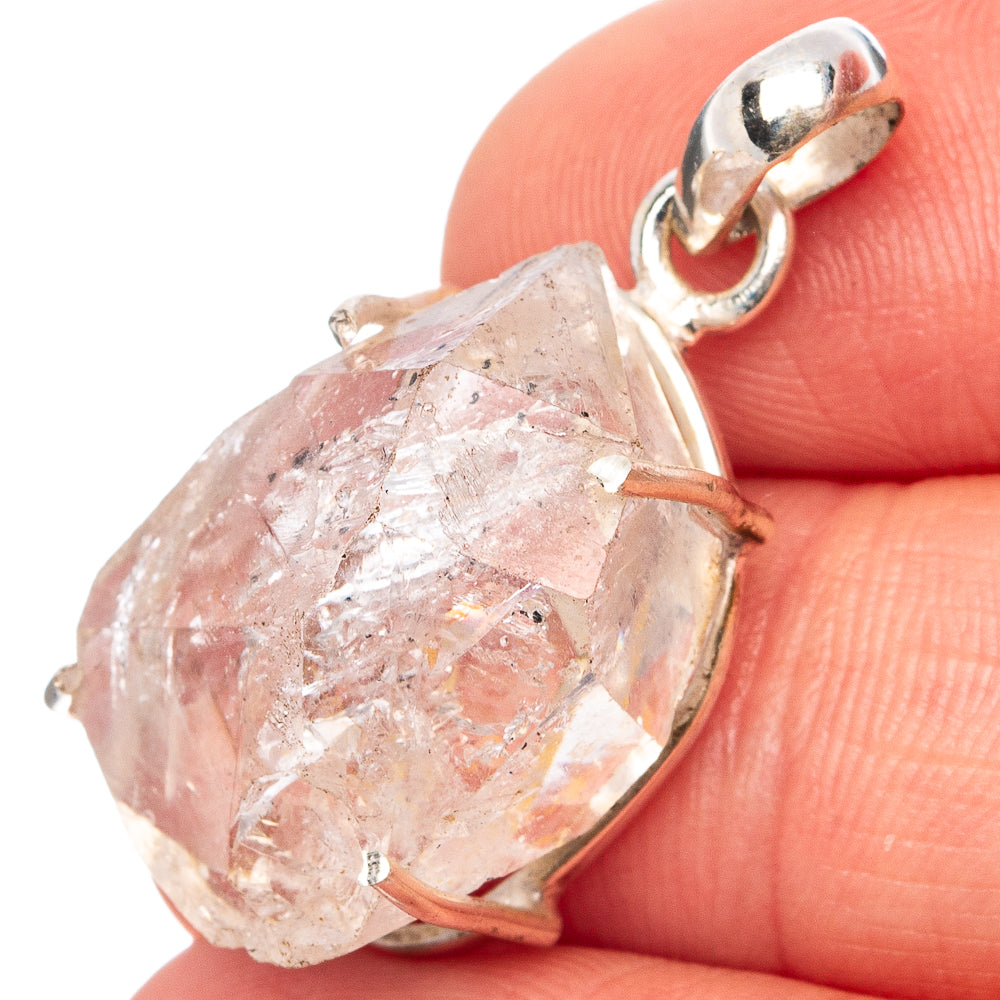 Raw Herkimer diamond pendant with clear crystal in .925 silver prong setting
