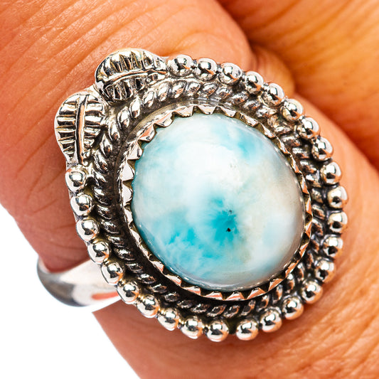 Larimar cabochon ring in .925 sterling silver, detailed bead border, size 7.75