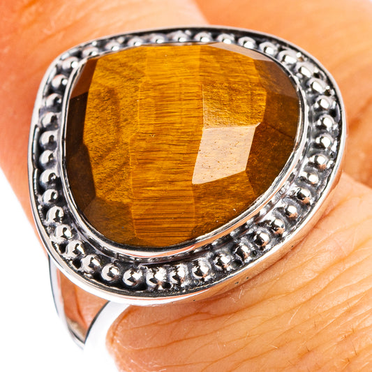 Sterling silver tiger's eye ring, oval brown gemstone with beaded halo