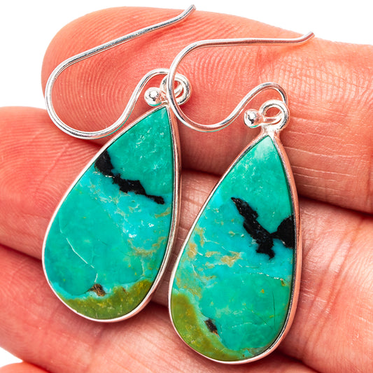 Turquoise teardrop earrings with black veining, blue-green stone, sterling silver hooks