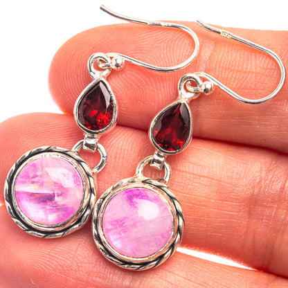 Pink Moonstone, Garnet Earrings 1 1/2" (925 Sterling Silver) E432376