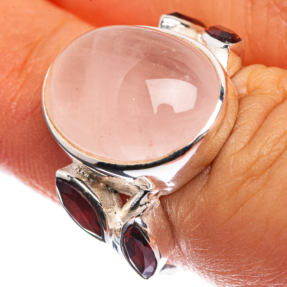 Rose Quartz, Garnet 925 Sterling Silver Ring Size 6.25