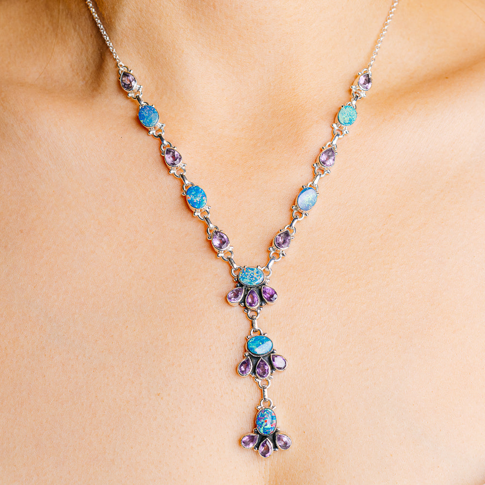 Doublet Opal, Amethyst Necklace 18 to 20" (.925 Sterling Silver)
