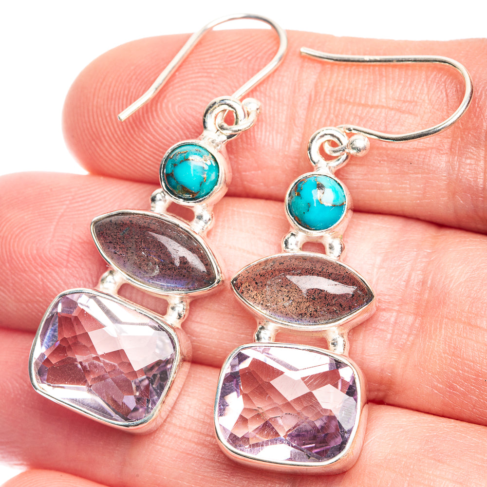 Amethyst, Labradorite, Blue Copper Composite Turquoise Earrings 1 5/8" (925 Sterling Silver) E432622