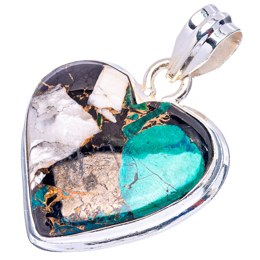 Heart turquoise matrix pendant with green-blue center stone and white/black matrix in sterling silver bezel