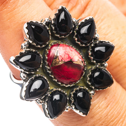 Exclusive Southwestern Style Red Dahlia Turquoise, Black Onyx Ring Size 8 Adjustable (.925 Sterling Silver)