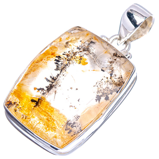 Sterling silver agate pendant with rectangular dendritic stone, yellow-gold and silver-gray veining