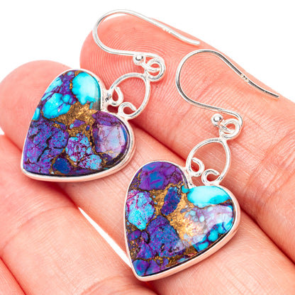 Turquoise and purple heart earrings with 925 sterling silver hooks, dangling pair