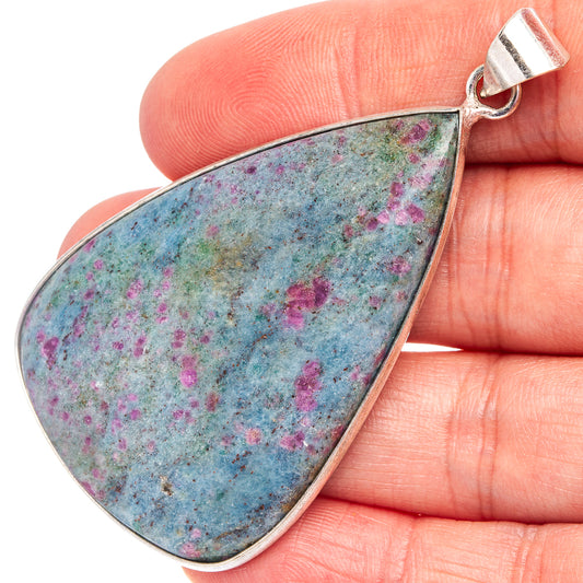 Teardrop gemstone pendant with blue-green and pink speckled stone, silver-plated bail