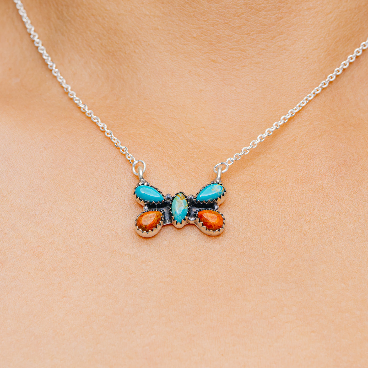 Southwestern Style Orange Sponge Coral, Mojave Turquoise Necklace 17 to 18" (.925 Sterling Silver)