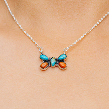 Southwestern Style Orange Sponge Coral, Mojave Turquoise Necklace 17 to 18" (.925 Sterling Silver)
