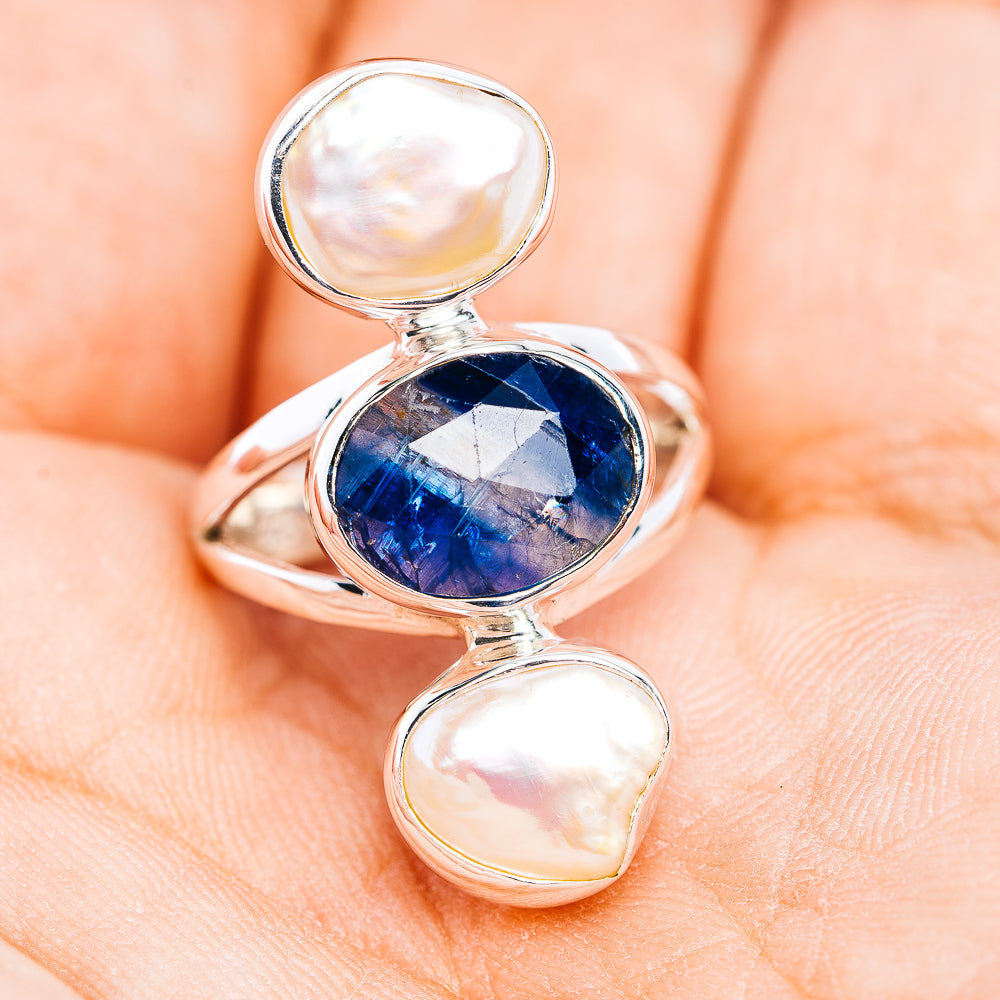 Faceted Kyanite, Baroque Pearl Ring Size 5.75 (.925 Sterling Silver)