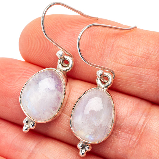 Oval rainbow moonstone drop earrings in .925 sterling silver, fishhook style