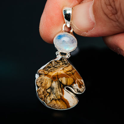 Premium Picture Jasper Horse, Rainbow Moonstone Pendant 1 3/4" (.925 Sterling Silver)