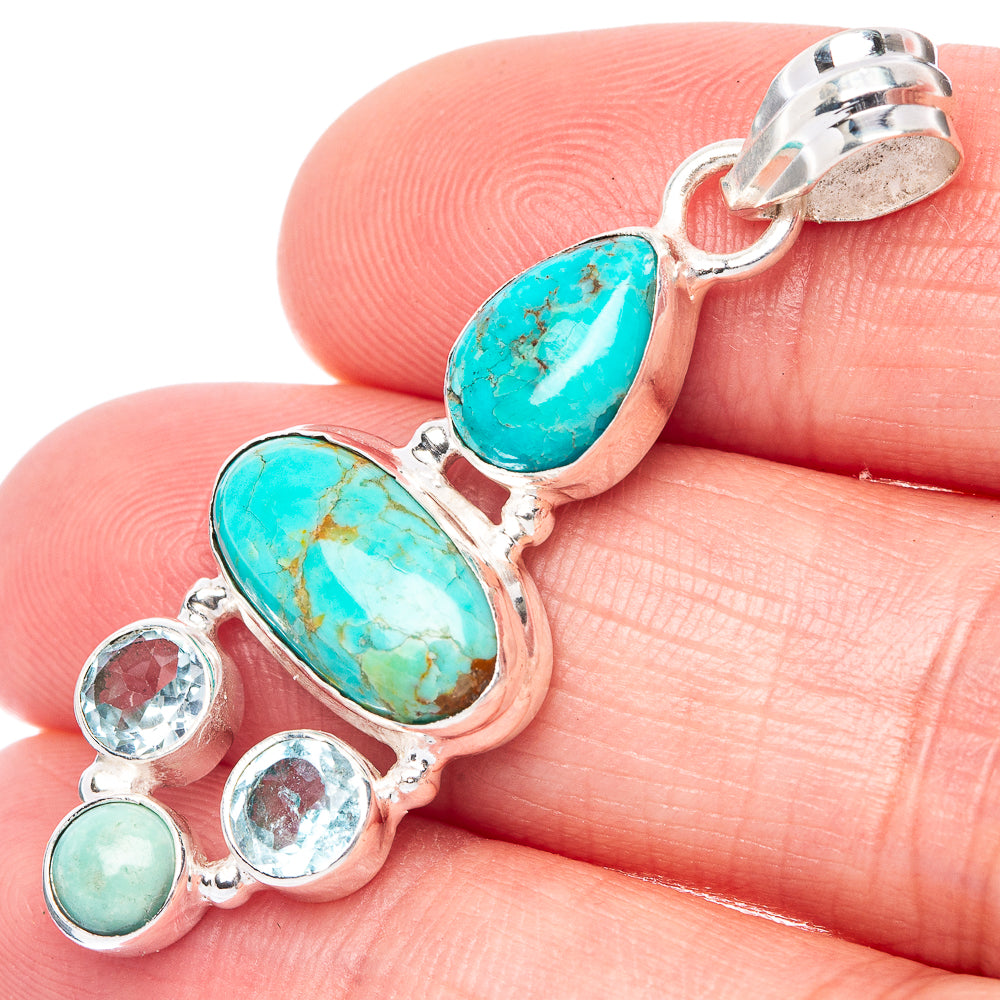 Rare Kingman Turquoise, Blue Topaz, Larimar Pendant 1 3/4" (925 Sterling Silver) P41101